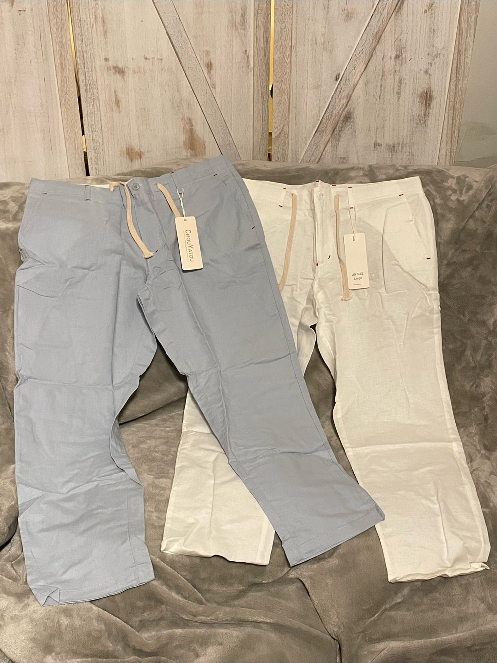 Two-Drawstring Chinos in Light Blue and Cream